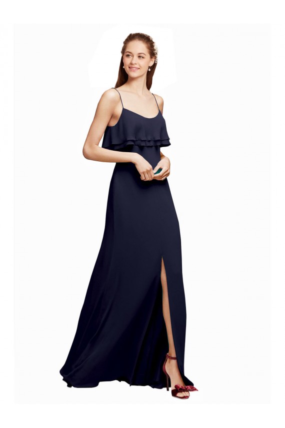 Azul marina oscuro línea A Tirantes espagueti Cucharón Gasa Largo Vestidos de dama de honor Outlet