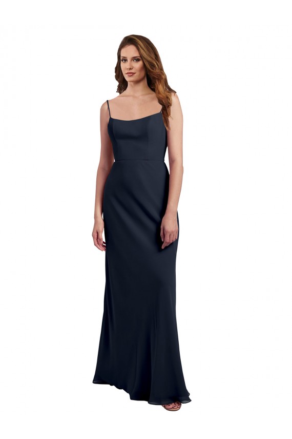 Azul marina oscuro línea A Tirantes espagueti Cucharón Gasa Largo Vestidos de dama de honor Outlet