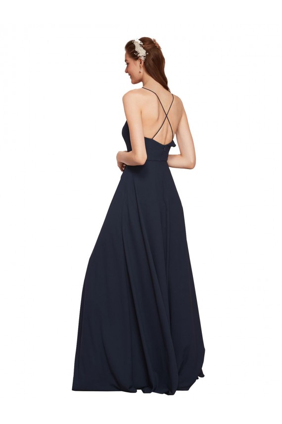 Azul marina oscuro línea A Tirantes espagueti Cuello en V Gasa Largo Vestidos de dama de honor Outlet