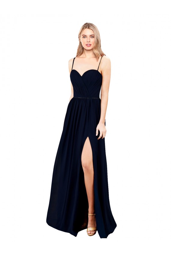 Azul marina oscuro línea A Tirantes espagueti Gasa Largo Formales Vestidos de dama de honor / Vestidos de noche Outlet