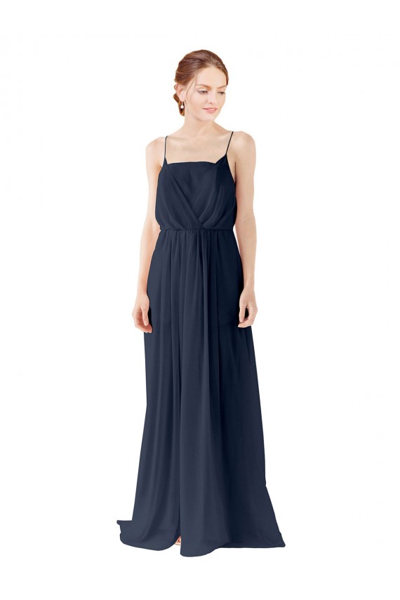 Azul marina oscuro línea A Tirantes espagueti Gasa Largo Vestidos de dama de honor Outlet