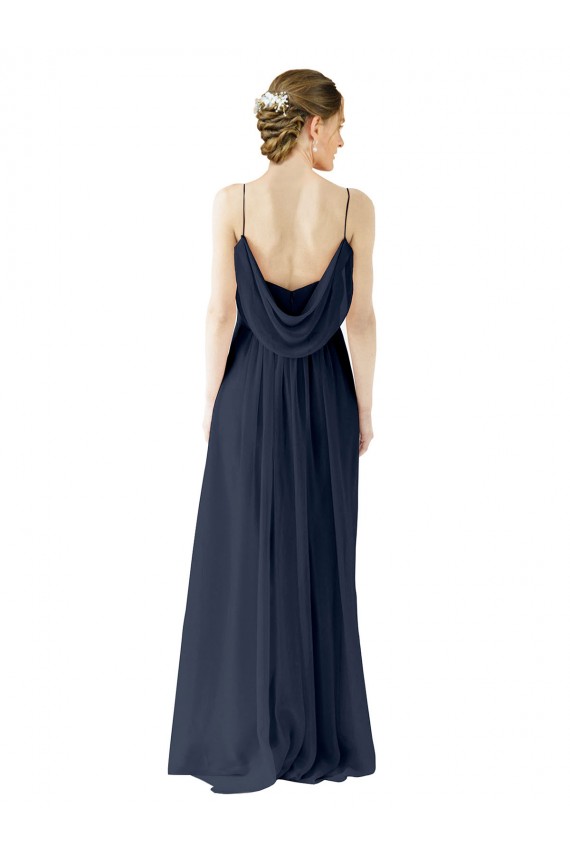 Azul marina oscuro línea A Tirantes espagueti Gasa Largo Vestidos de dama de honor Outlet