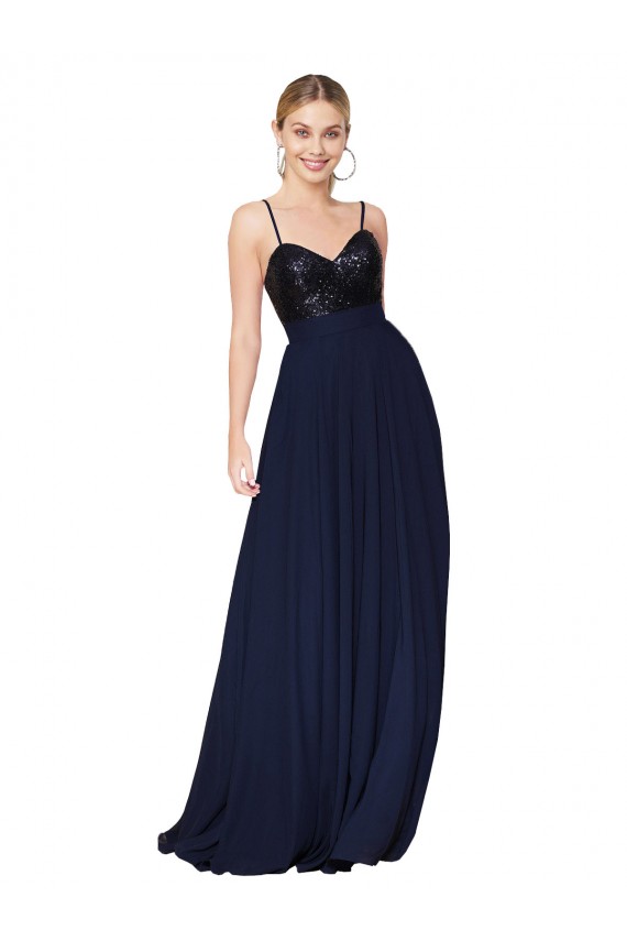 Azul marina oscuro línea A Tirantes espagueti Gasa Lentejuela Largo Vestidos de dama de honor / Vestidos de fiesta Outlet