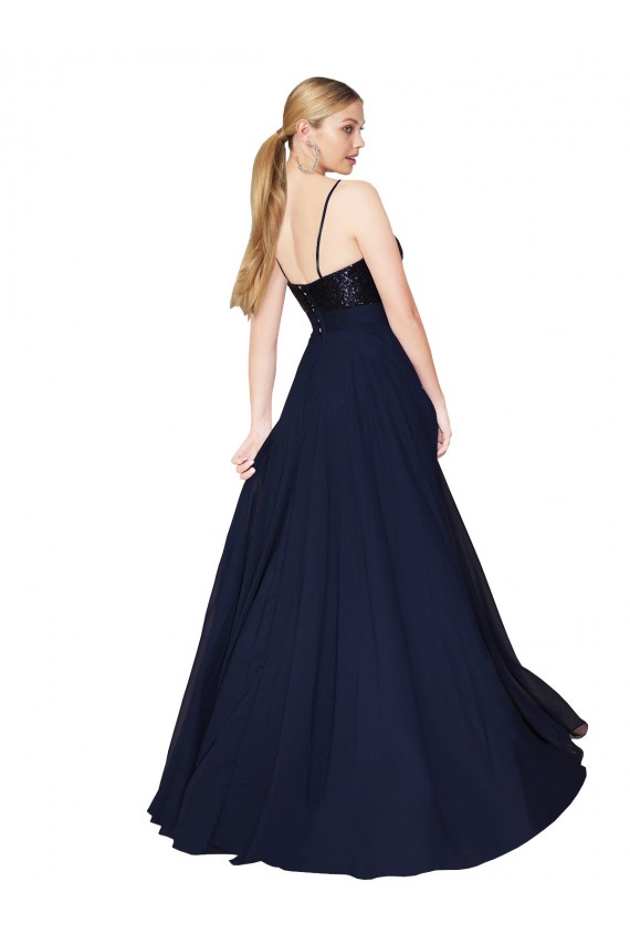 Azul marina oscuro línea A Tirantes espagueti Gasa Lentejuela Largo Vestidos de dama de honor / Vestidos de fiesta Outlet
