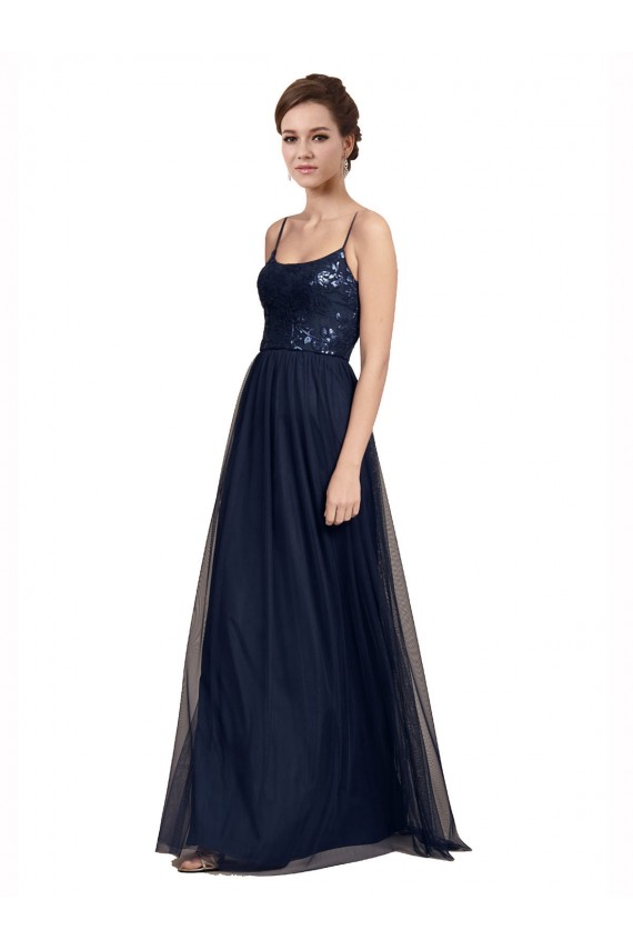 Azul marina oscuro línea A Tirantes espagueti Tul Encaje Largo Vestidos de dama de honor Outlet