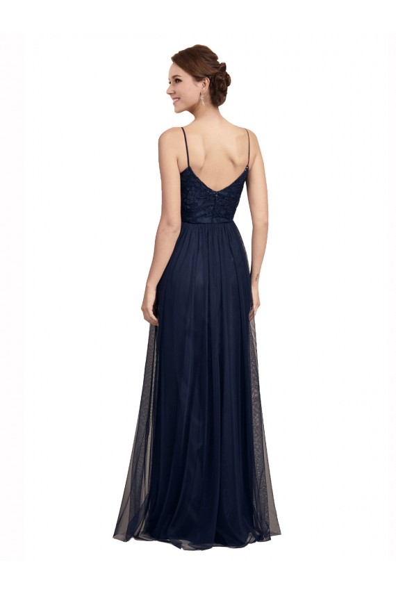 Azul marina oscuro línea A Tirantes espagueti Tul Encaje Largo Vestidos de dama de honor Outlet