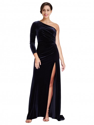 Azul marina oscuro línea A Un Hombre Barrer tren Terciopelo Elástico Largo Formales Vestidos de dama de honor / Vestidos de fiesta Outlet