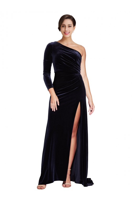 Azul marina oscuro línea A Un Hombre Barrer tren Terciopelo Elástico Largo Formales Vestidos de dama de honor / Vestidos de fiesta Outlet