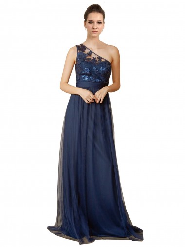 Azul marina oscuro línea A Un Hombre Barrer tren Tul Largo Vestidos de dama de honor Outlet