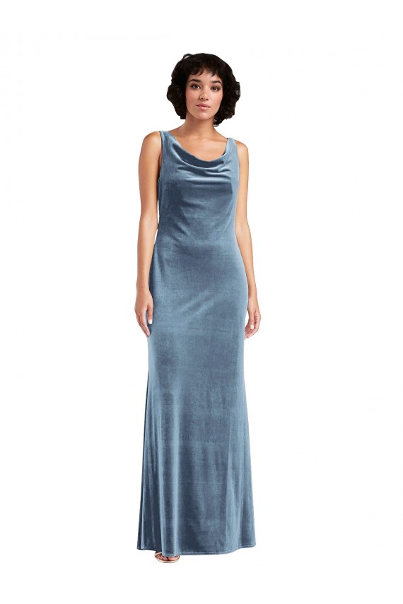 Azul polvoriento Cubierta Terciopelo Elástico Largo Vestidos de dama de honor / Vestidos de fiesta Outlet