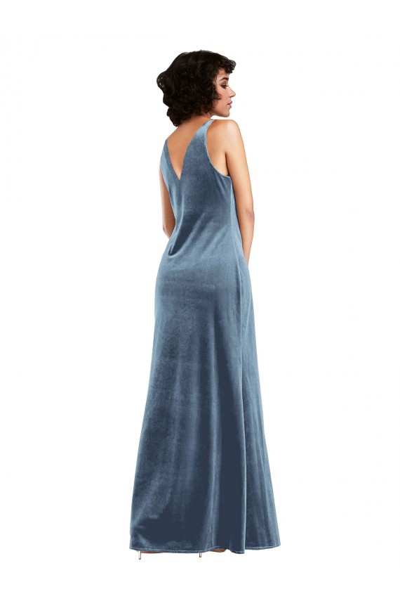 Azul polvoriento Cubierta Terciopelo Elástico Largo Vestidos de dama de honor / Vestidos de fiesta Outlet