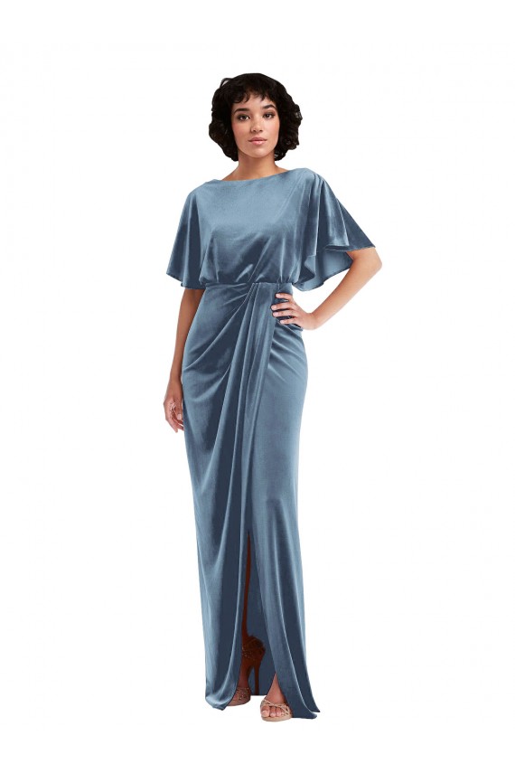 Azul polvoriento Cubierta Terciopelo Elástico Largo Vestidos de dama de honor / Vestidos de fiesta Outlet