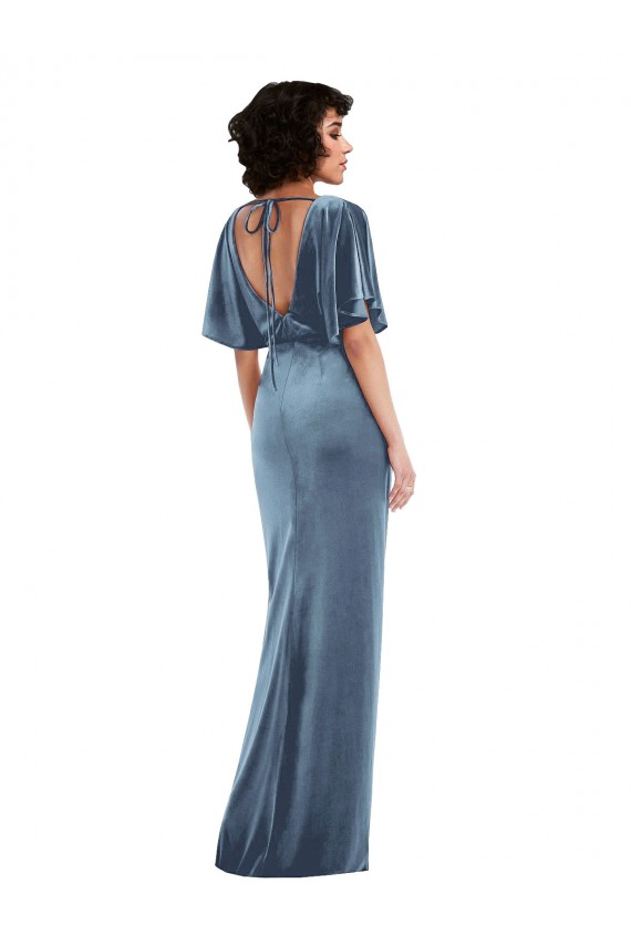 Azul polvoriento Cubierta Terciopelo Elástico Largo Vestidos de dama de honor / Vestidos de fiesta Outlet