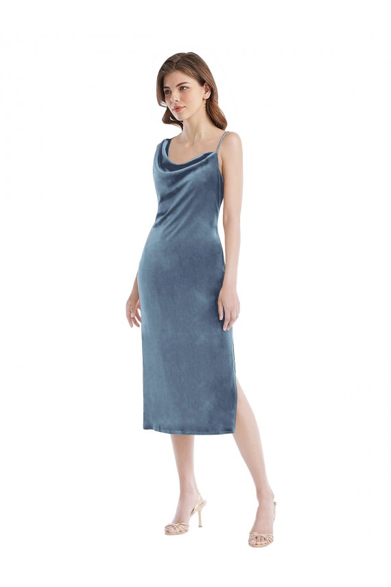 Azul polvoriento Cubierta Un Hombre Terciopelo Elástico Largo Vestidos de dama de honor / Vestidos de fiesta Outlet