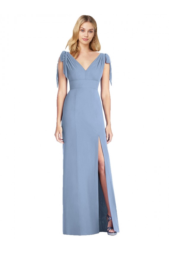 Azul polvoriento Sirena Cuello en V Gasa Largo Vestidos de dama de honor Outlet