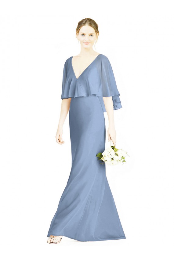 Azul polvoriento Trompeta Cuello en V Gasa Largo Vestidos de dama de honor Outlet