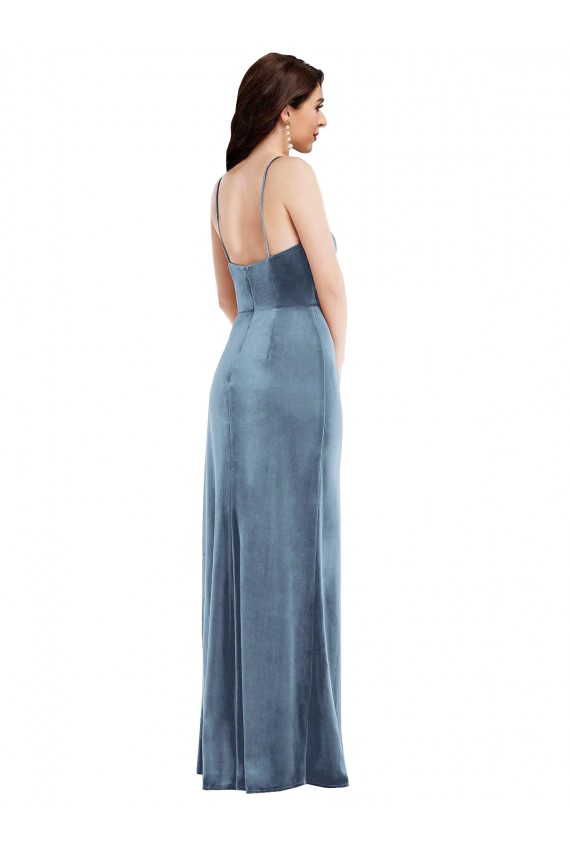 Azul polvoriento Trompeta Tirantes espagueti Terciopelo Elástico Largo Formales Vestidos de dama de honor / Vestidos de fiesta Outlet