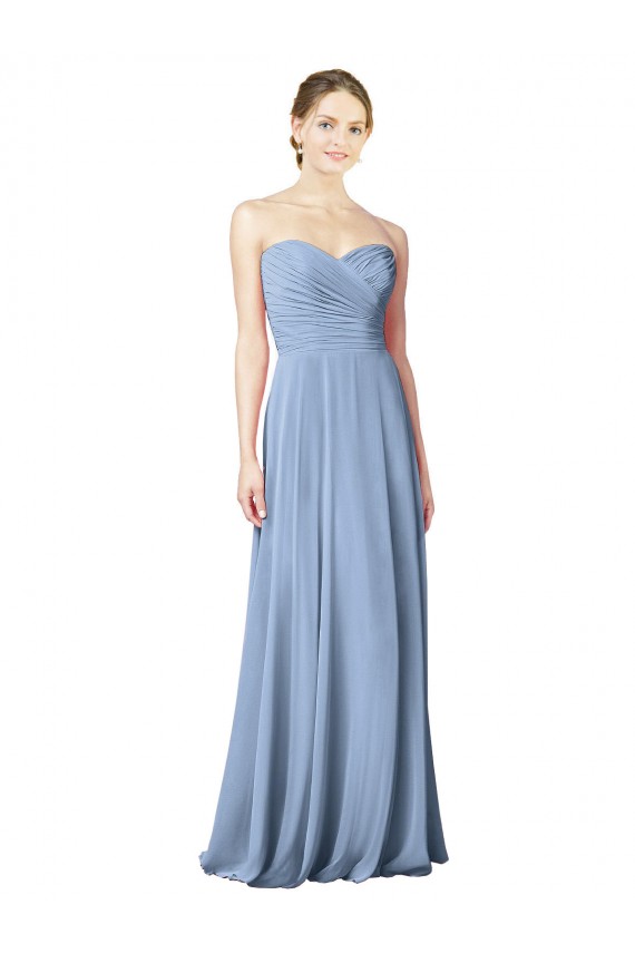 Azul polvoriento línea A Cuello de Corazón Sin tirantes Gasa Largo Vestidos de dama de honor Outlet