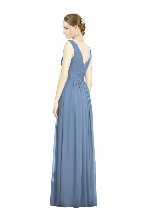 Azul polvoriento línea A Cuello en V Gasa Largo Vestidos de dama de honor Outlet