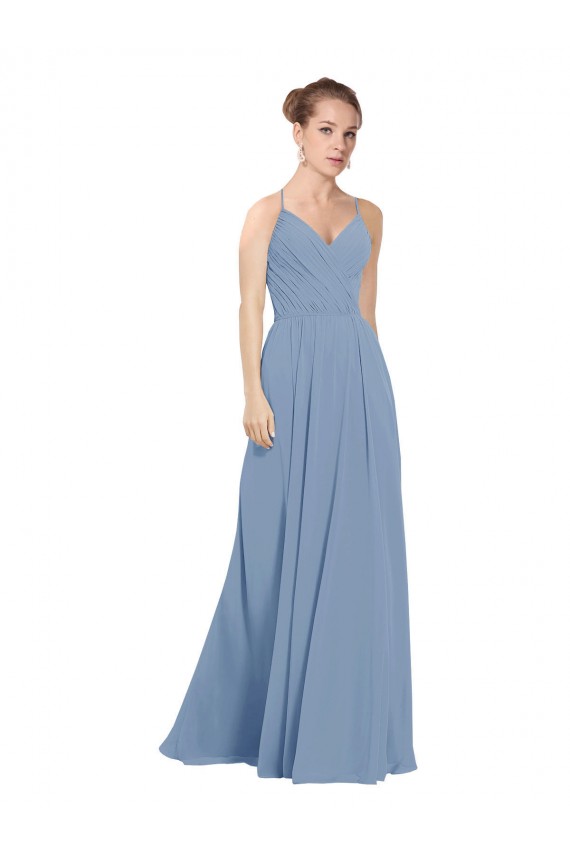 Azul polvoriento línea A Cuello en V Gasa Largo Vestidos de dama de honor Outlet