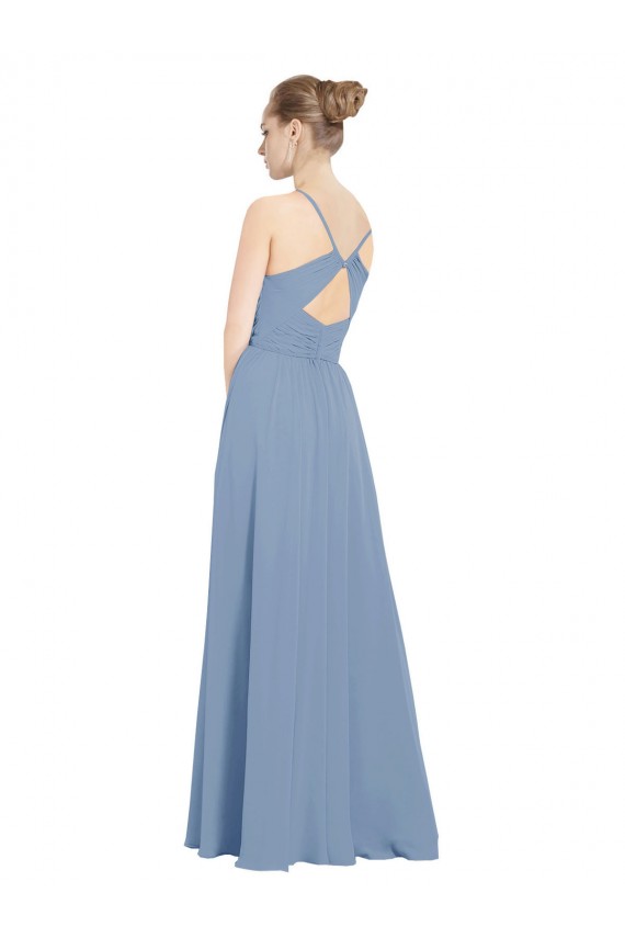 Azul polvoriento línea A Cuello en V Gasa Largo Vestidos de dama de honor Outlet