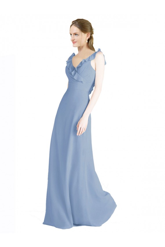 Azul polvoriento línea A Cuello en V Gasa Largo Vestidos de dama de honor Outlet