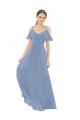 Azul polvoriento línea A Cuello en V Gasa Largo Vestidos de dama de honor Outlet