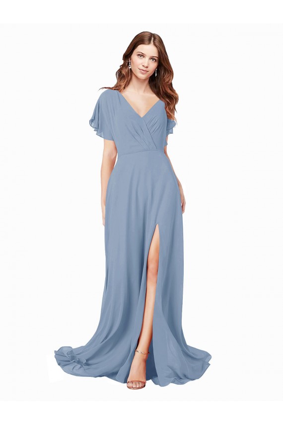 Azul polvoriento línea A Cuello en V Gasa Largo Vestidos de dama de honor / Vestidos de fiesta Outlet