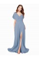 Azul polvoriento línea A Cuello en V Gasa Largo Vestidos de dama de honor / Vestidos de fiesta Outlet