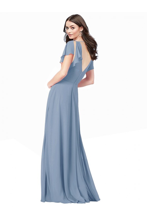 Azul polvoriento línea A Cuello en V Gasa Largo Vestidos de dama de honor / Vestidos de fiesta Outlet