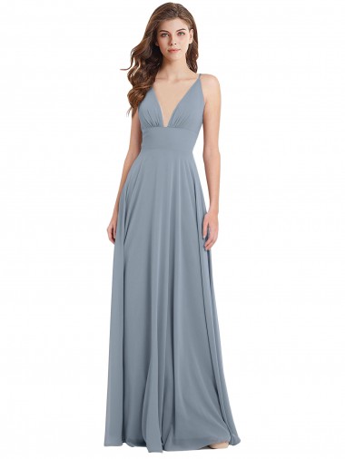 Azul polvoriento línea A Cuello en V Gasa Largo Vestidos de dama de honor Outlet