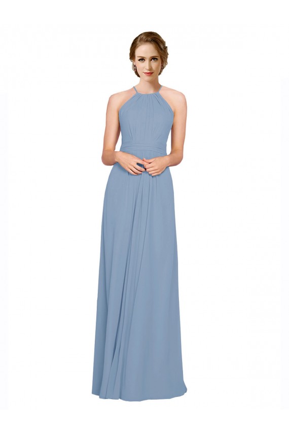 Azul polvoriento línea A Halter Cuello Alto Gasa Largo Vestidos de dama de honor Outlet