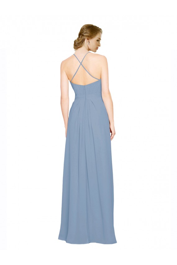 Azul polvoriento línea A Halter Cuello Alto Gasa Largo Vestidos de dama de honor Outlet