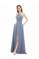 Azul polvoriento línea A Halter Cuello Alto Gasa Largo Vestidos de dama de honor Outlet