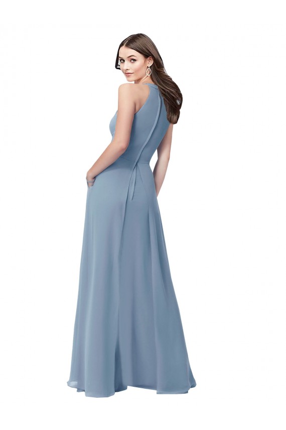 Azul polvoriento línea A Halter Cuello Alto Gasa Largo Vestidos de dama de honor Outlet