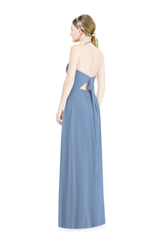 Azul polvoriento línea A Halter Gasa Largo Vestidos de dama de honor Outlet