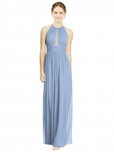 Azul polvoriento línea A Halter Gasa Largo Vestidos de dama de honor Outlet