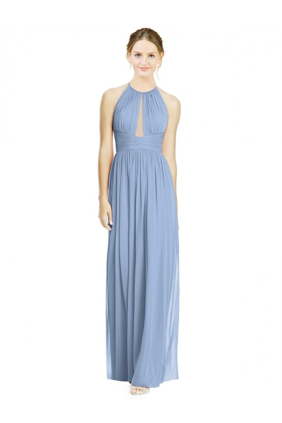 Azul polvoriento línea A Halter Gasa Largo Vestidos de dama de honor Outlet
