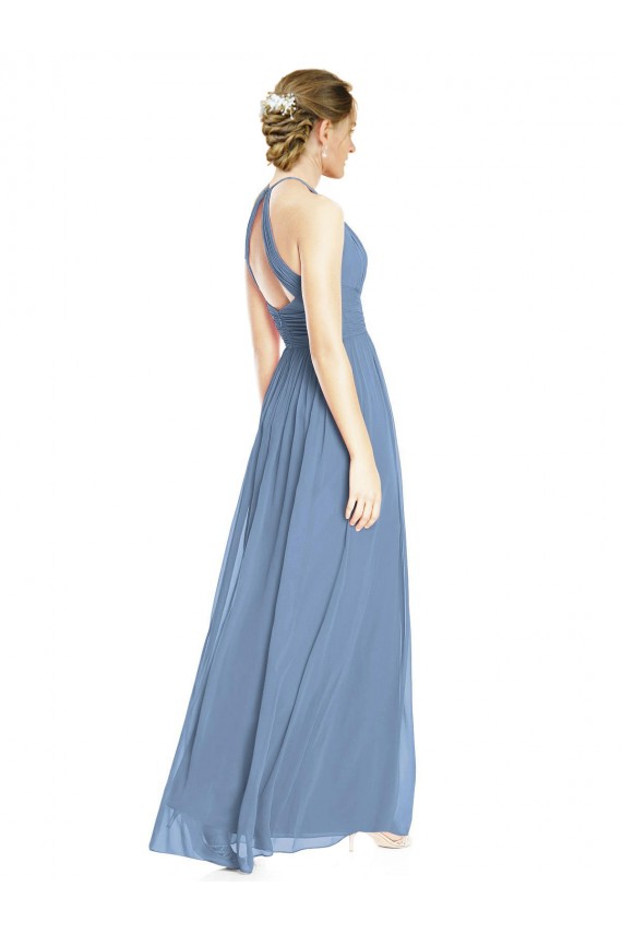 Azul polvoriento línea A Halter Gasa Largo Vestidos de dama de honor Outlet