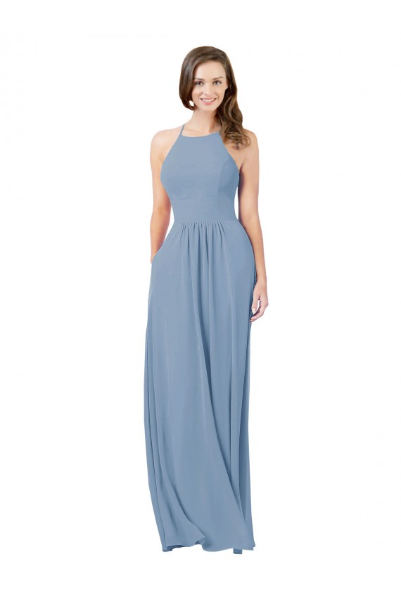 Azul polvoriento línea A Halter Gasa Largo Vestidos de dama de honor Outlet