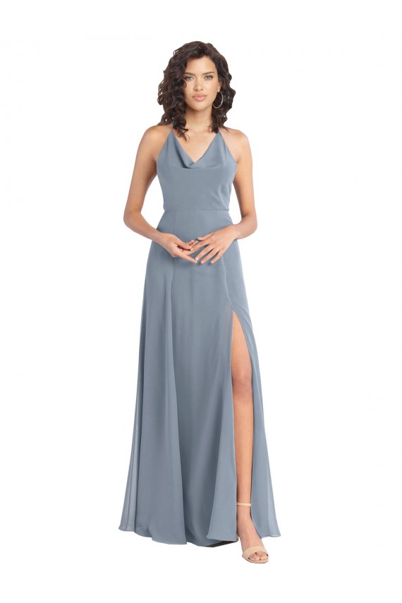 Azul polvoriento línea A Halter Gasa Largo Vestidos de dama de honor Outlet