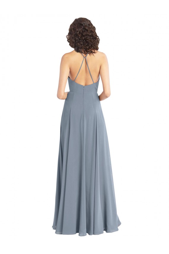 Azul polvoriento línea A Halter Gasa Largo Vestidos de dama de honor Outlet