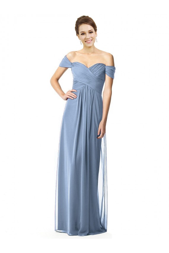 Azul polvoriento línea A Hombros Descubiertos Gasa Largo Vestidos de dama de honor Outlet