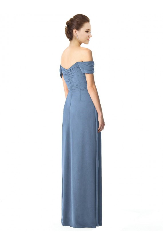 Azul polvoriento línea A Hombros Descubiertos Gasa Largo Vestidos de dama de honor Outlet