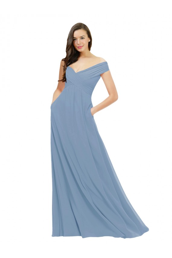 Azul polvoriento línea A Hombros Descubiertos Gasa Largo Vestidos de dama de honor Outlet