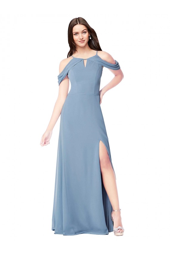 Azul polvoriento línea A Hombros Descubiertos Gasa Largo Vestidos de dama de honor Outlet