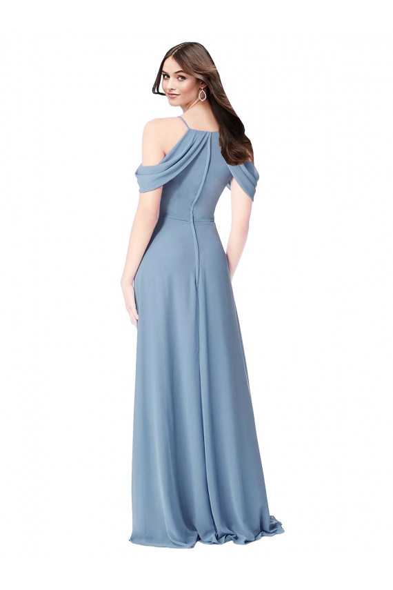 Azul polvoriento línea A Hombros Descubiertos Gasa Largo Vestidos de dama de honor Outlet