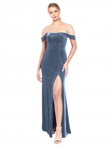 Azul polvoriento línea A Hombros Descubiertos Sin tirantes Terciopelo Elástico Largo Vestidos de dama de honor / Vestidos de fiesta Outlet