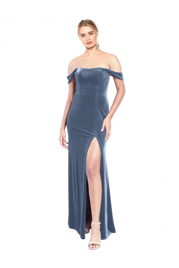 Azul polvoriento línea A Hombros Descubiertos Sin tirantes Terciopelo Elástico Largo Vestidos de dama de honor / Vestidos de fiesta Outlet