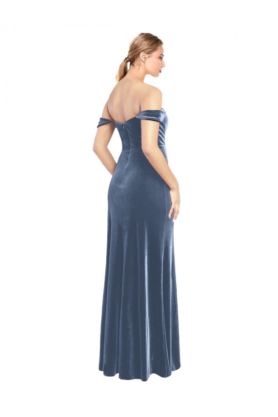 Azul polvoriento línea A Hombros Descubiertos Sin tirantes Terciopelo Elástico Largo Vestidos de dama de honor / Vestidos de fiesta Outlet